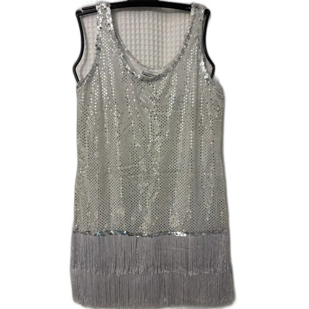 FunCostumes Sequin Fringe Flapper Halloween Costume Dress Silver XL